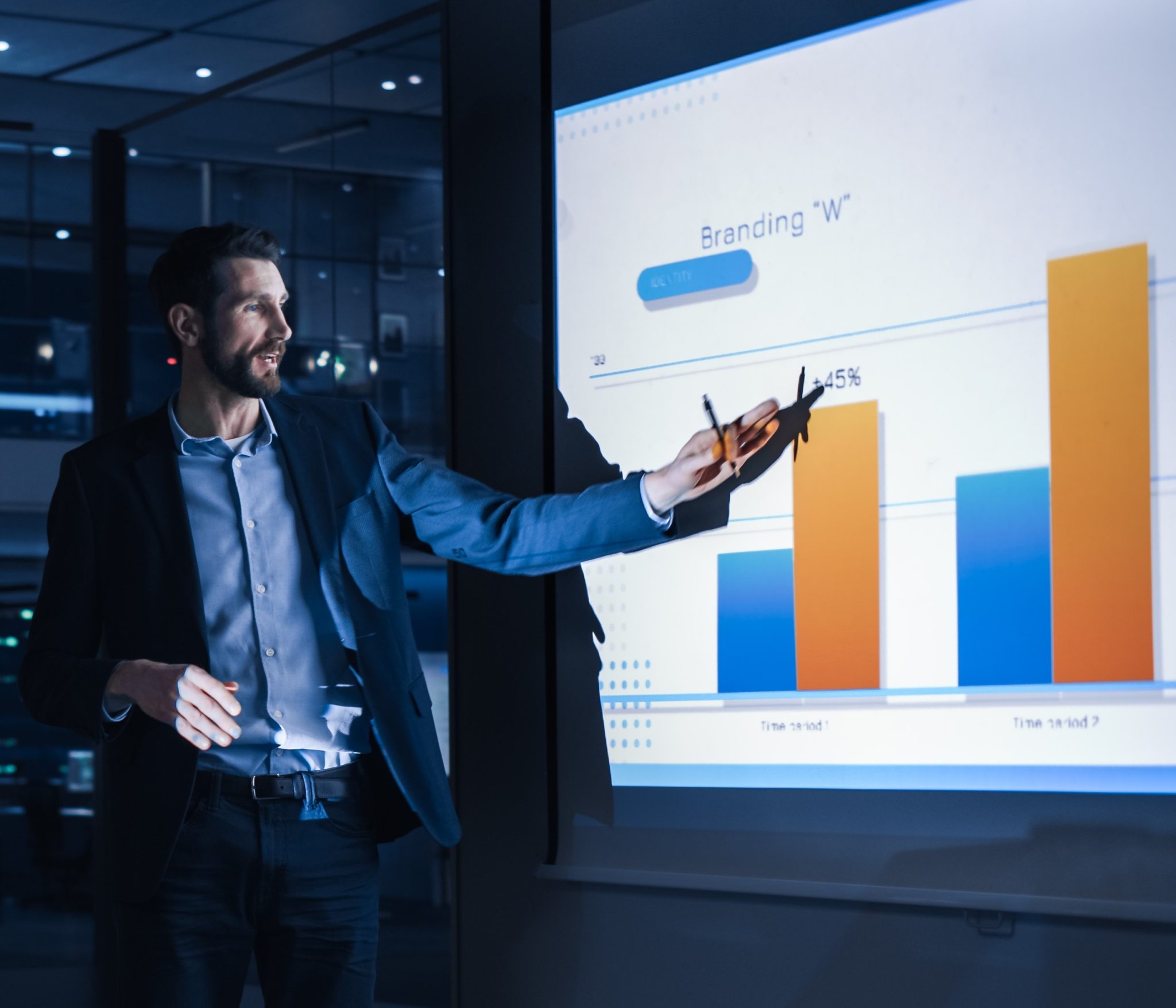 An entrepreneur shows the sales chart and sales growth